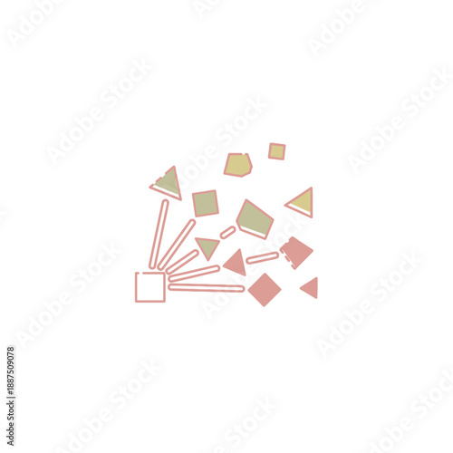 Colorful geometric shapes flying out.