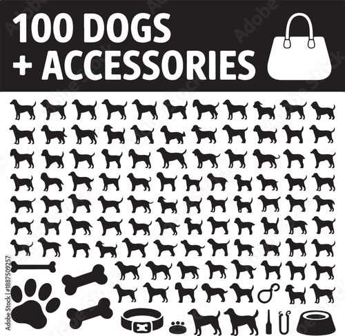 100 dogs icons and Dog accessories,vector pet emblem, dogs staff