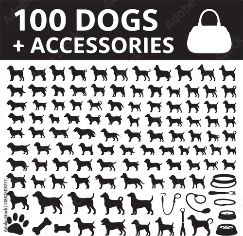 100 dogs icons and Dog accessories,vector pet emblem, dogs staff