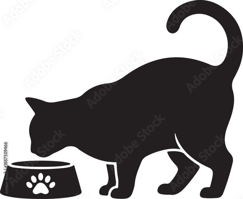A black and white silhouette of a cat eating food from its bowl on a white isolated background. Vector graphics. EPS.