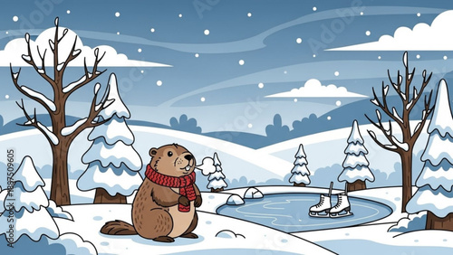 Cute beaver wearing scarf in snowy winter landscape ice skating pond with skates concept for Groundhog Day celebration