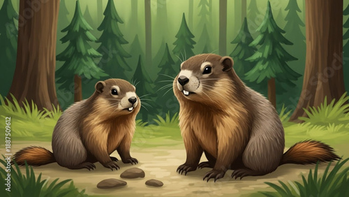 Two cute groundhogs in a forest representing wildlife and nature perfect for childrens books or educational content