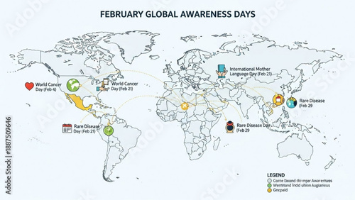 February Global Awareness Days map highlighting health and social causes with icons and locations worldwide perfect for infog