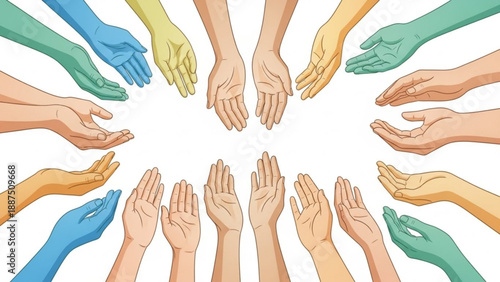 Diverse hands reaching out in a circle concept of unity and support illustration for charity and community themes