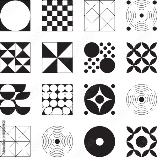A set of graphic elements. Abstract geometric figures. Decorative minimalistic brutalist forms.