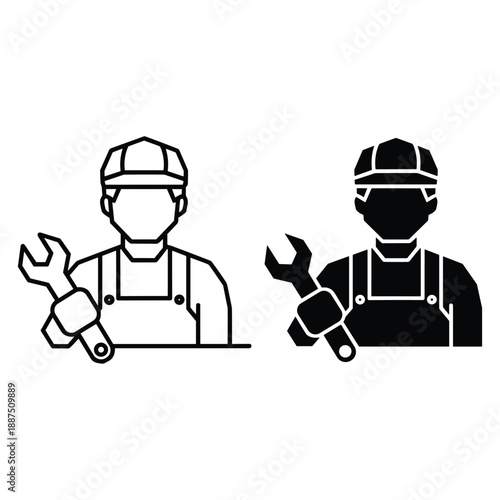 Two workers in overalls holding wrenches one in white and one in black tool mechanic
