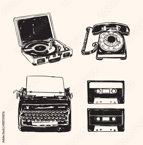 Vintage Nostalgic Electronics Set with Typewriter, Telephone, Turntable, and Cassette Tape