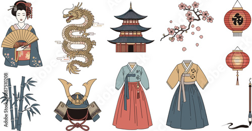 Asian cultural elements collection featuring traditional clothing and symbols