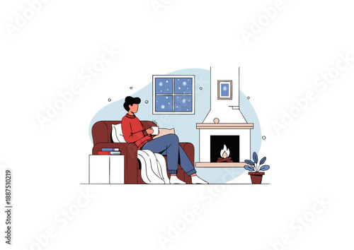Cozy Winter Evening Relaxation Person Enjoying a Hot Drink by the Fireplace in a Warm Living Room Setting, flat design illustration