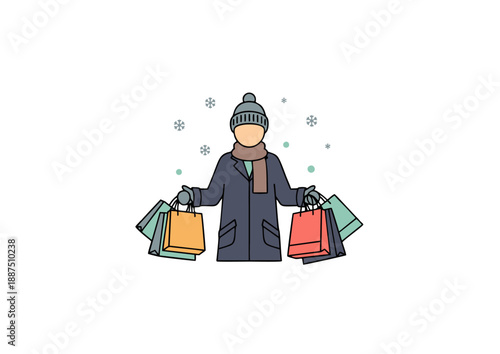 Cheerful winter shopper in warm clothes, laden with colorful bags, symbolizing the joy of seasonal sales, holiday gift shopping, and successful cold weather retail