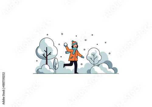 A person throwing a snowball in a snowy winter landscape surrounded by snow-covered trees and bushes