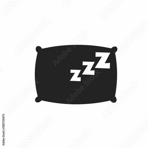 Black silhouette icon of a bed pillow with "ZZZ" sleep symbols. Minimalist vector illustration representing sleep, rest, relaxation, bedtime, and hotel or bedroom comfort.