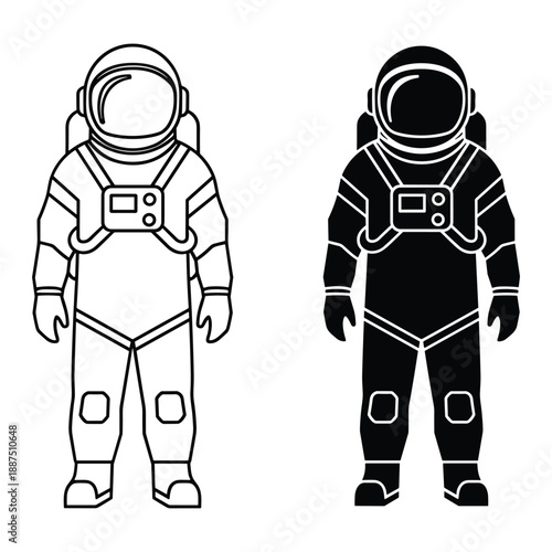 Two astronauts in white and black space suits standing side by side helmet