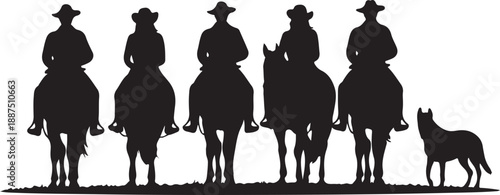 A vector silhouette three cowboys and one cowgirl riding horses and one cowboy is walking and leading a horse. There are also two cow dog silhouettes.