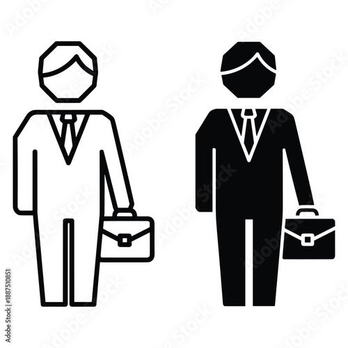 Two business people with briefcases and ties in black and white line