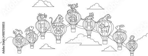 Whimsical zodiac animals float serenely in hot air balloons