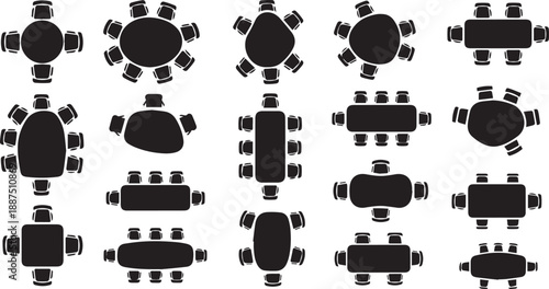 Table and Chair Set Silhouette Collection Featuring Top View Office Meeting and Dining Furniture Layouts