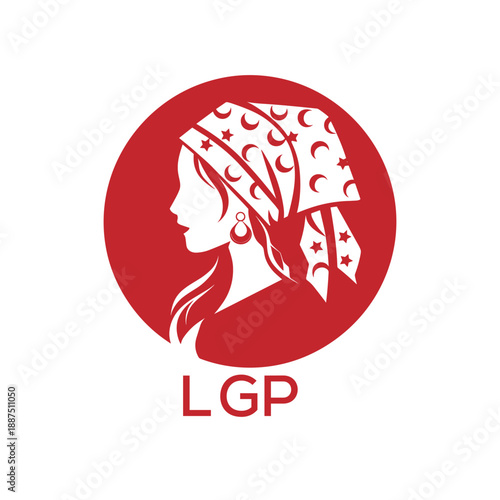 LGP Red Hijab Woman. LGP Logo with Traditional Pattern  Elegant Muslim Female Silhouette. LGP Islamic Fashion and Cultural Branding.
