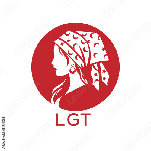 LGT Red Hijab Woman. LGT Logo with Traditional Pattern  Elegant Muslim Female Silhouette. LGT Islamic Fashion and Cultural Branding.
