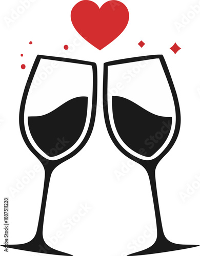  Single item solid black vector silhouette of two wine glasses touching, Valentine theme, element