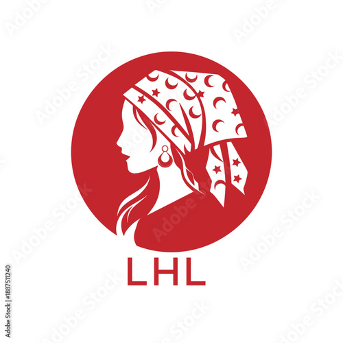 LHL Red Hijab Woman. LHL Logo with Traditional Pattern  Elegant Muslim Female Silhouette. LHL Islamic Fashion and Cultural Branding.
