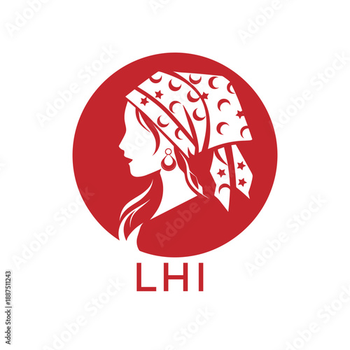 LHI Red Hijab Woman. LHI Logo with Traditional Pattern  Elegant Muslim Female Silhouette. LHI Islamic Fashion and Cultural Branding.
