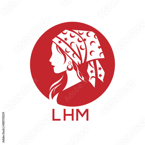 LHM Red Hijab Woman. LHM Logo with Traditional Pattern  Elegant Muslim Female Silhouette. LHM Islamic Fashion and Cultural Branding.
