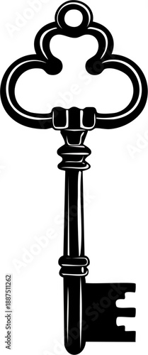 Single item solid black silhouette vector of an antique key, Valentine theme