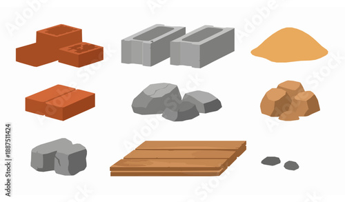 Building and construction materials flat vector set with brick sand stone wood rubble and concrete blocks isolated on white