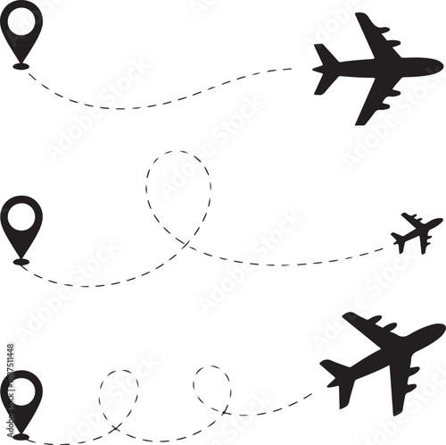 Airplane dotted route line the way airplane. Set. Flying with a dashed line from the starting point and along the path