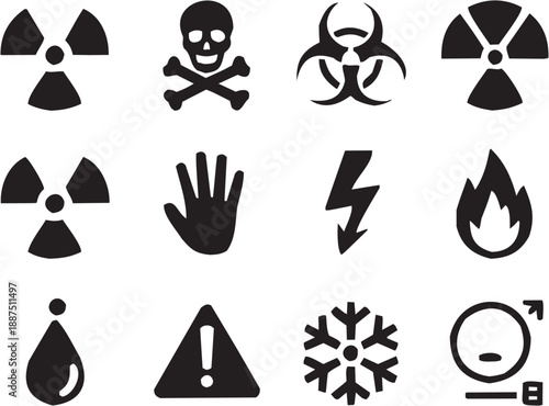 Conjunto de íconos de advertencia en estilo gráfico. peligro, símbolo, seguridad, señal, riesgo, trazo editable