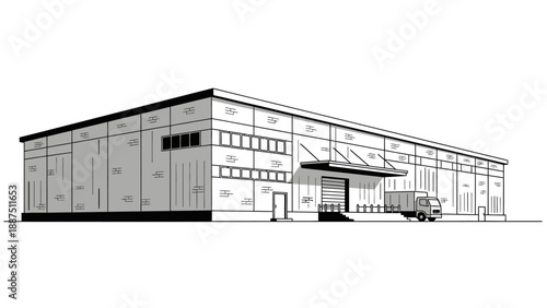 Modern industrial warehouse building with delivery truck, logistics and distribution center illustration.