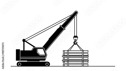Mobile crane lifting steel beams icon, heavy machinery construction site silhouette."