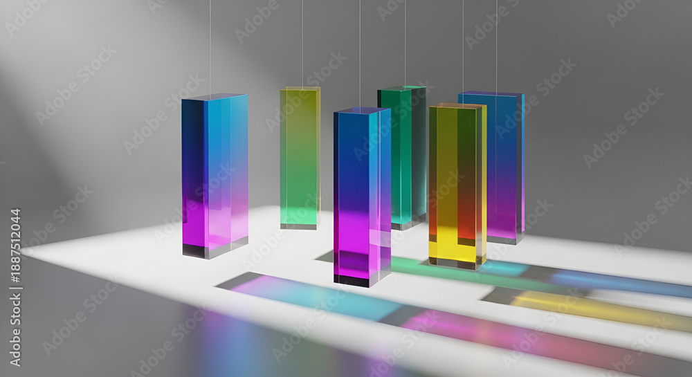 Fototapeta premium Abstract composition featuring multiple iridescent rectangular prisms suspended mid-air casting vibrant colored light and dynamic shadows on a minimalist white surface