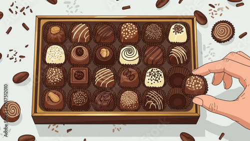 Assortment of gourmet chocolates in a box hand picking a truffle concept for luxury sweets and confectionery