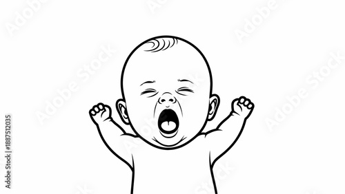 Minimalist black and white drawing of a newborn baby yawning with arms raised.