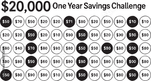 Conjunto de íconos de ahorro anual en estilo gráfico. reto, círculos, dinero, cantidad, progreso, trazo editable