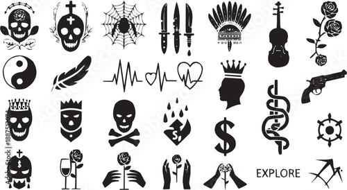 Conjunto de íconos simbólicos en estilo gráfico. araña, cuchillos, calavera, corazón, corona, oración, trazo editable