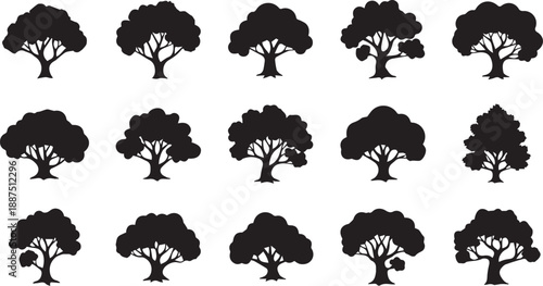 Large Oak Tree Silhouette Collection Featuring Various Detailed Leafy Canopy Designs for Nature Branding and Landscape Graphic Design
