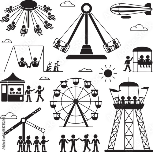 Amusement park silhouette icons set. Carnival funfair and ferris wheel emblem, label, badge. Amuse circus carousel, air balloon and castle. isolated on white background
