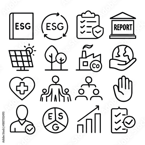 Sustainable development and environmental icons representing ESG, renewable energy, and social responsibility