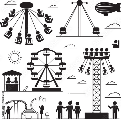 Amusement park silhouette icons set. Carnival funfair and ferris wheel emblem, label, badge. Amuse circus carousel, air balloon and castle. isolated on white background