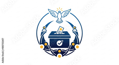 Vector illustration of a ballot box with dove and people icons symbolizing democracy and voting process in a minimalist design