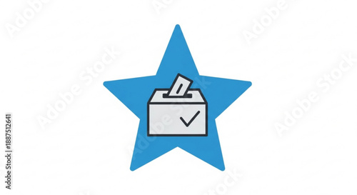 Blue star icon with ballot box and checkmark symbolizing voting and election process in a simple flat design