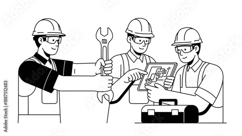 Professional technicians team working with tools and digital tablet.