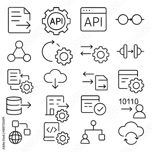 Collection of line icons representing API, technology, and data processing