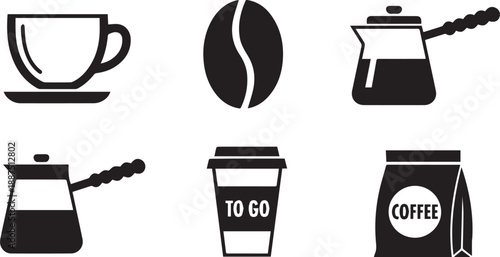 Coffee Shop and Brewing Equipment Icon Set Featuring Turkish Coffee Pot, To-Go Cup, Coffee Bean, and Packaging Bag Designs