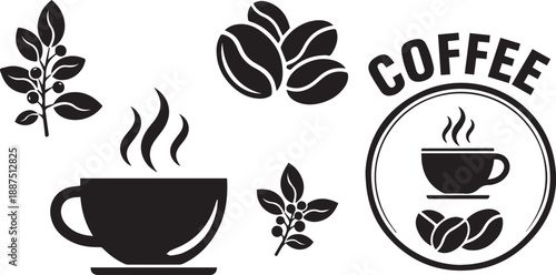 Coffee Shop Branding Icon Set Featuring Steaming Coffee Cup, Roasted Coffee Beans, and Botanical Coffee Leaf Illustrations