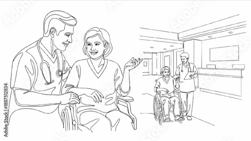 High-Quality Continuous Line Art of Inclusive Healthcare Support, Professional Listening to Disabled Patient, Guided Medical Care