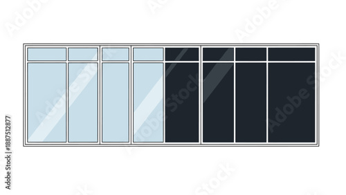 Modern panoramic glass window frame with transparent and tinted panels